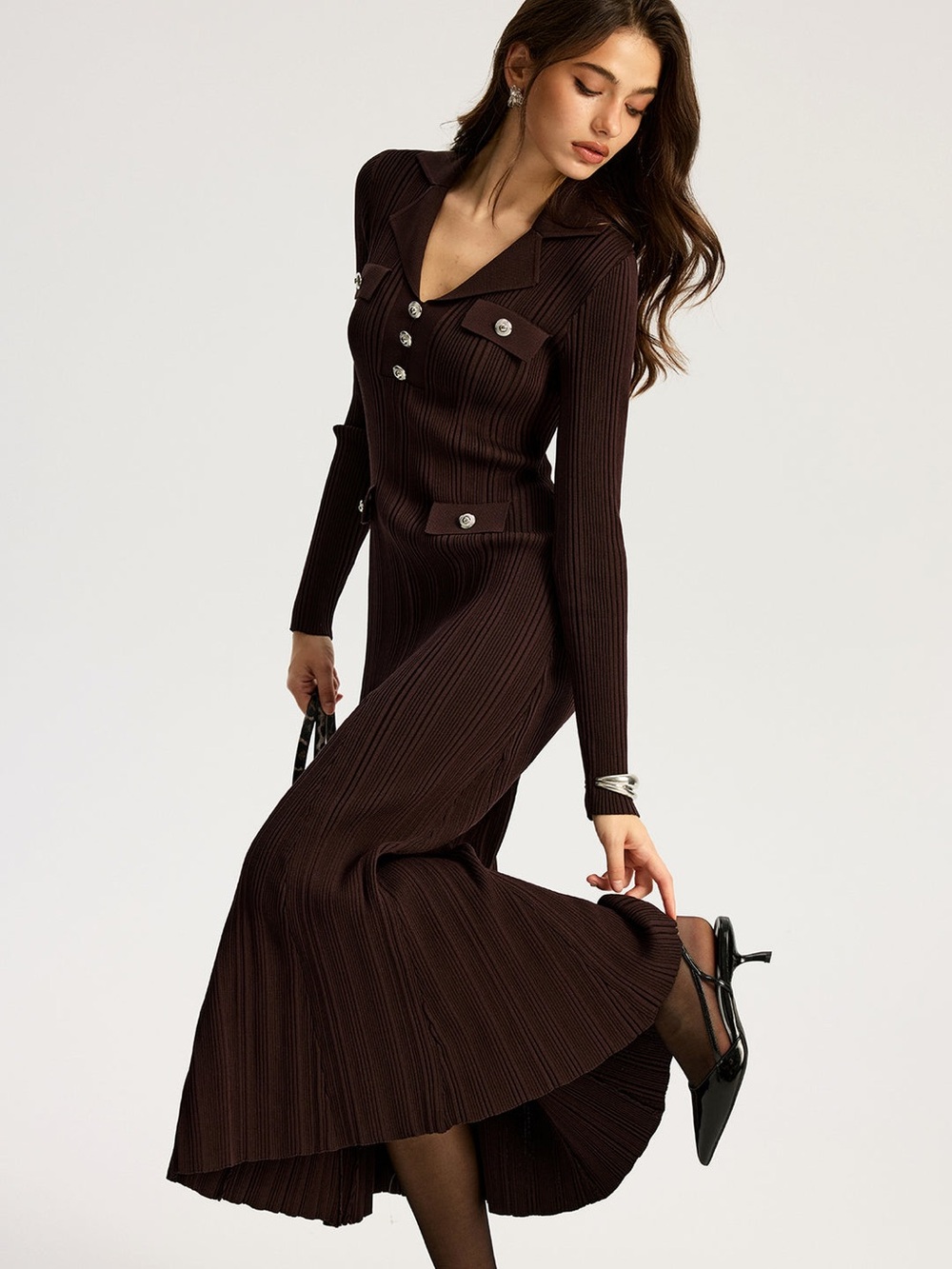 COMMENSE Ribbed Knit Long-Sleeve Jumpsuit Romper - Dark Brown